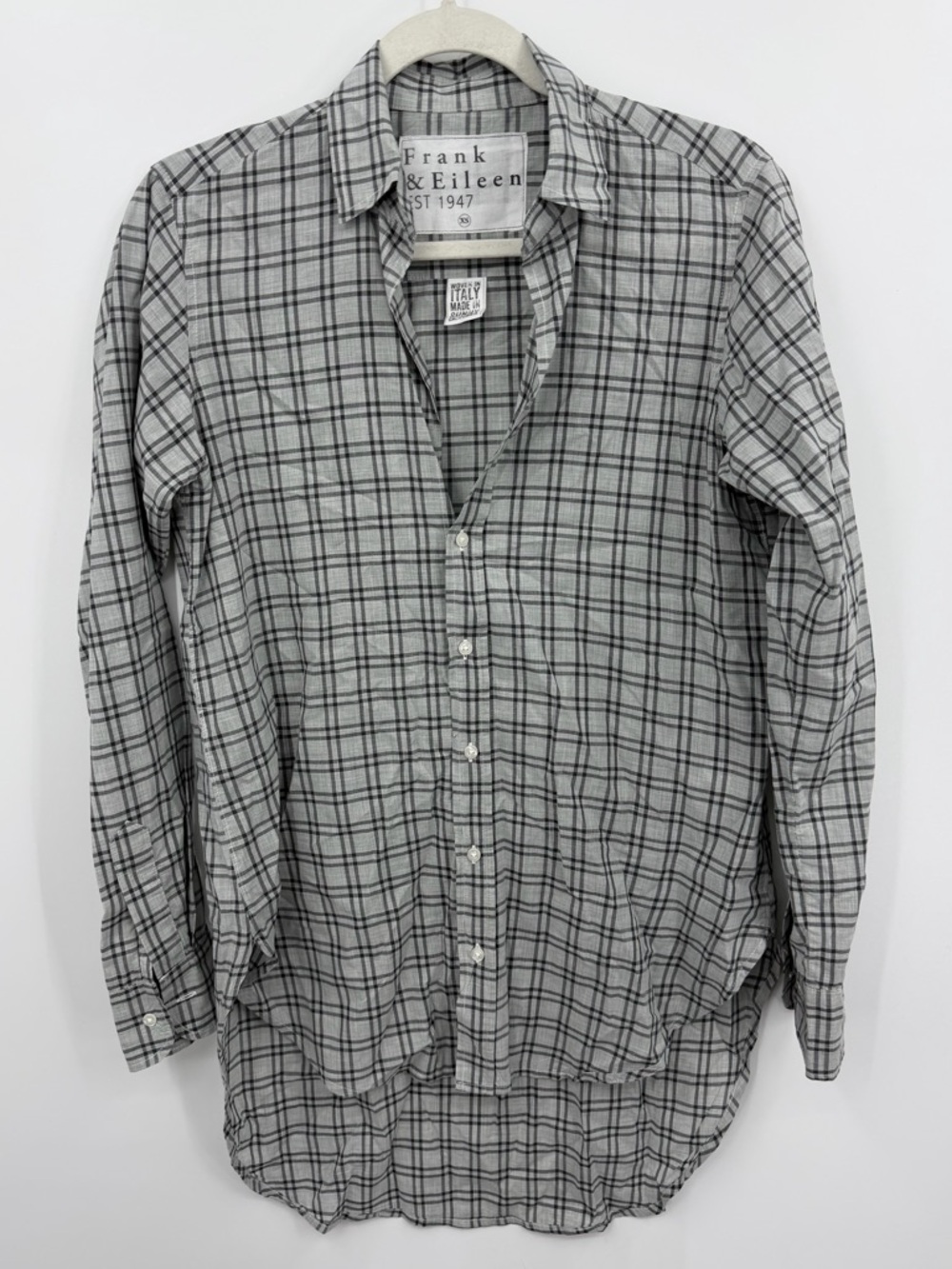 Frank & Eileen‎ Grayson Gray black Plaid Button Down Shirt sz XS high low hem